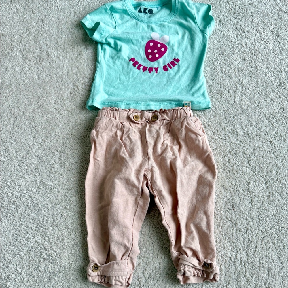 Europe Baby Girl Mint 'Pretty Girl' Tee with Blush Pink Pants